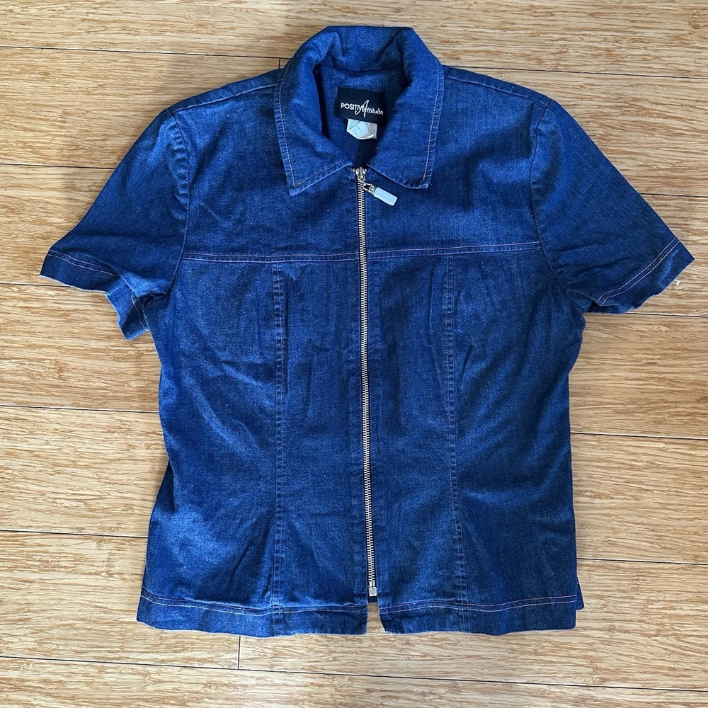 Positive Attitude Vintage Full Zip Denim Womens Medium Short Sleeve Shirt